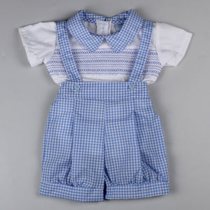 baby boys smocked summer outfit checked blue shorts