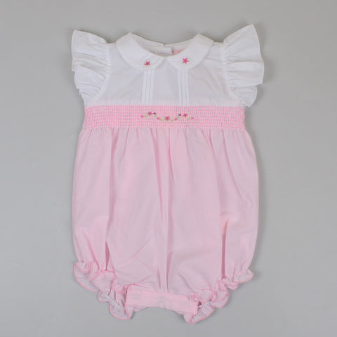 baby girls summer outfit in pink and white with smocking
