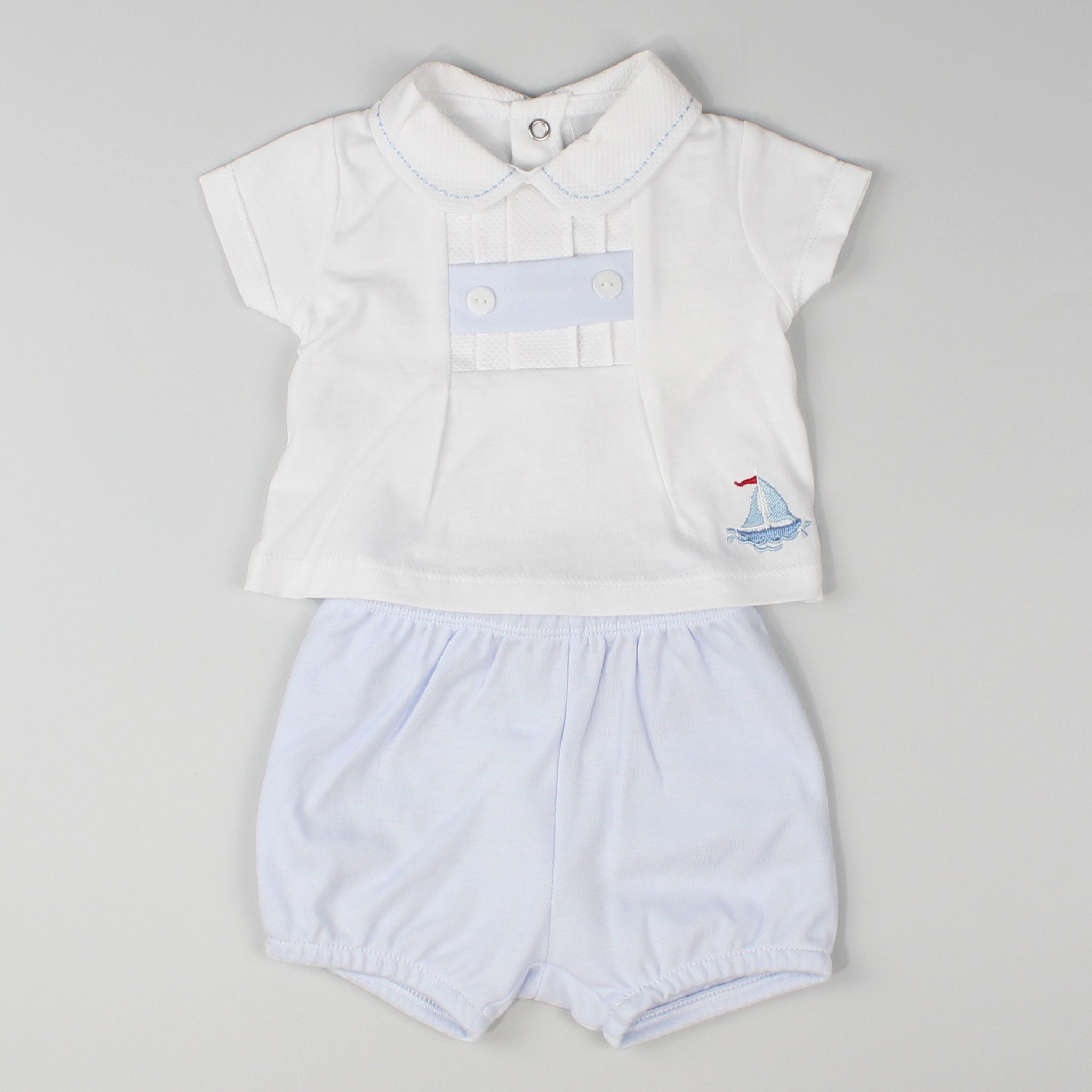 baby boys two piece white and blue boat outfit