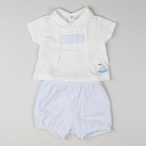 baby boys two piece white and blue boat outfit
