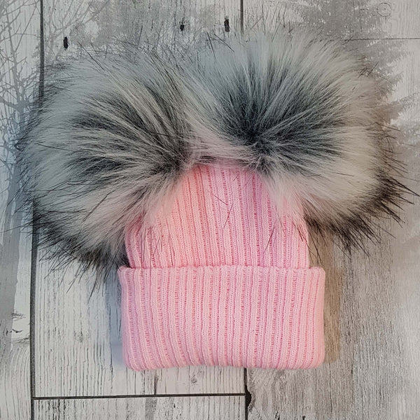 baby girl double bobble fur pom hat personalised