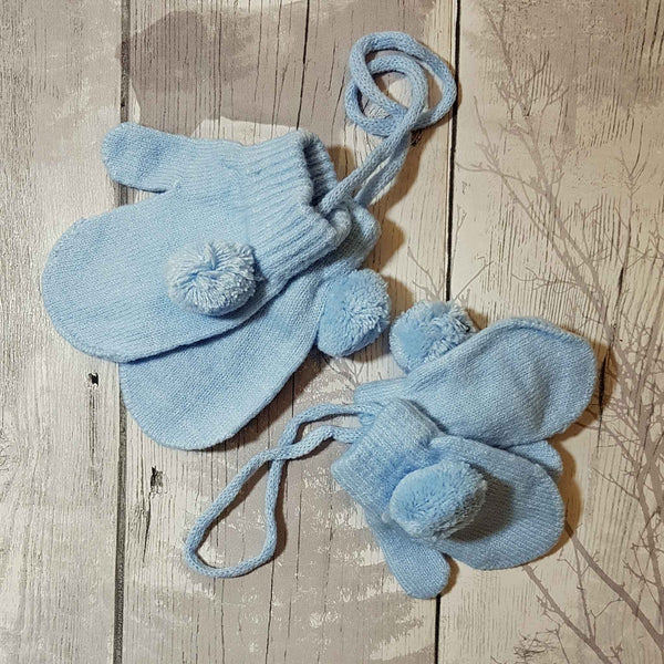 baby mittens gloves with string and pom poms blue