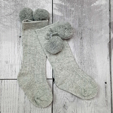 baby socks grey with pom poms