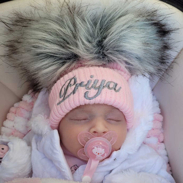 Personalised Baby Girl Hat - Pink Double Faux Fur Pom