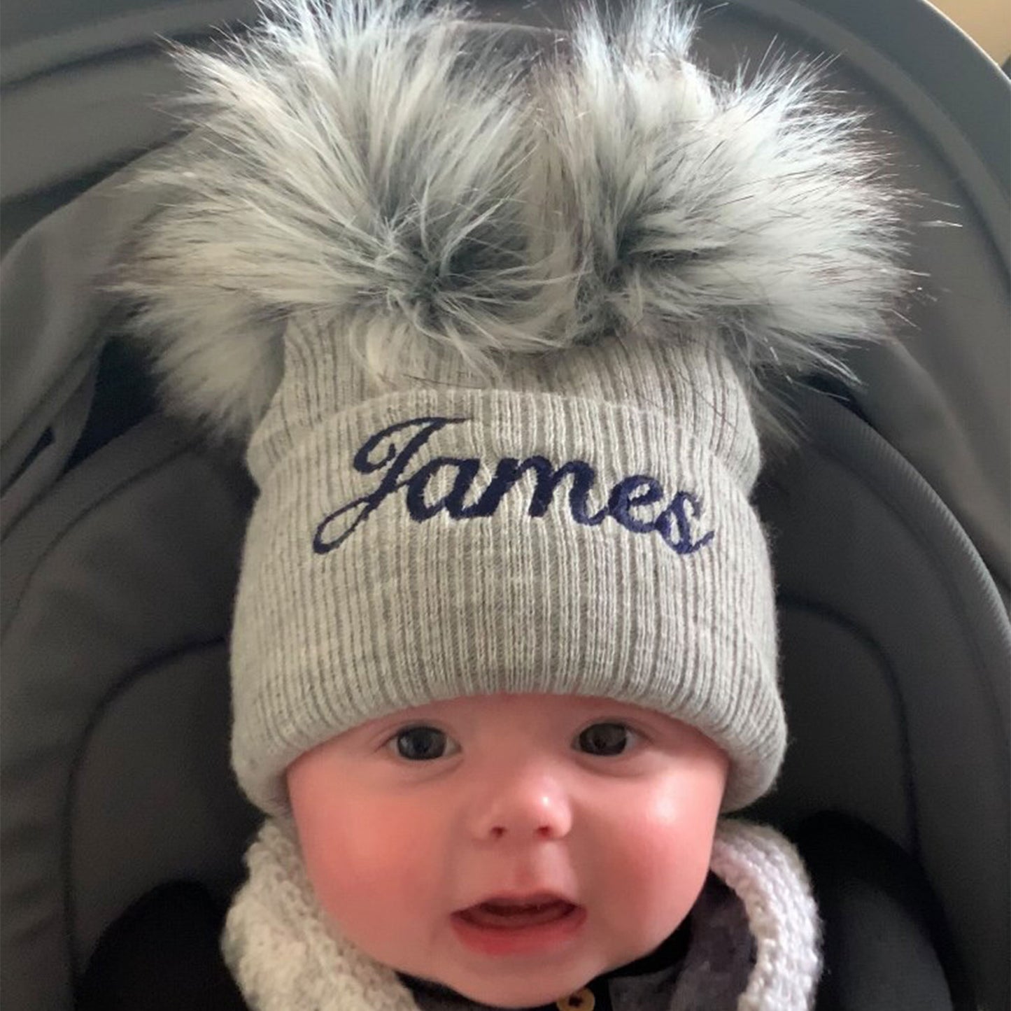 baby boys grey pom pom personalised hat