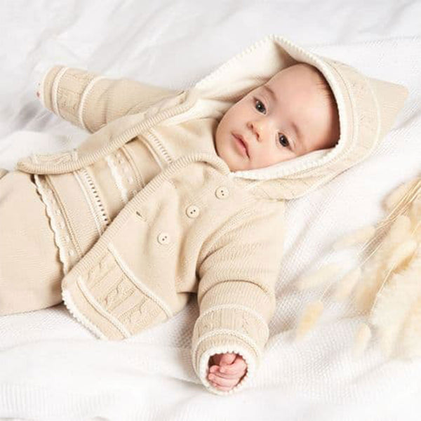 unisex beige hooded knitted button up cardigan