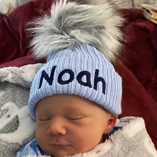 baby boys personalised pom hat in blue