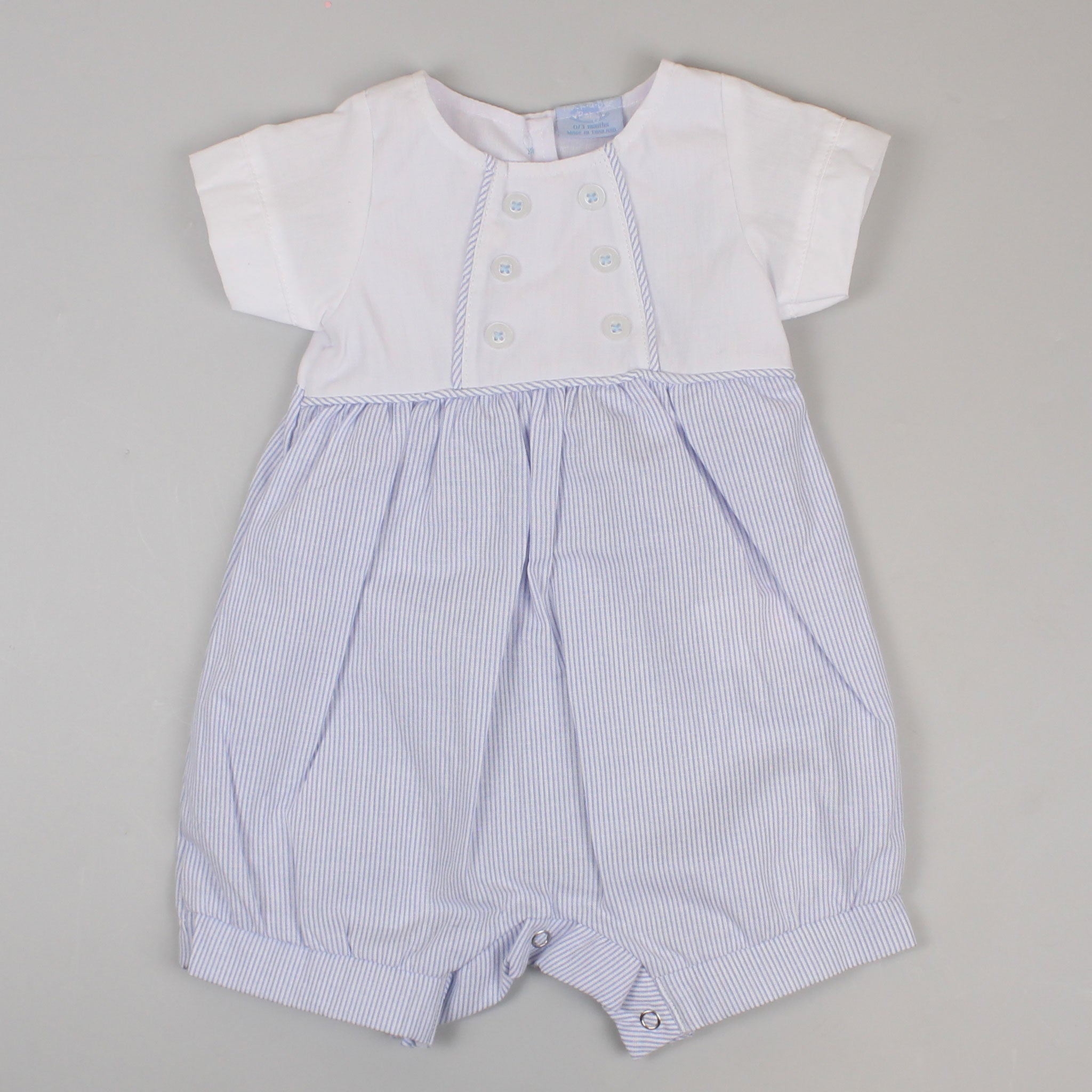 baby boys blue and white outfit with striped blue bottom