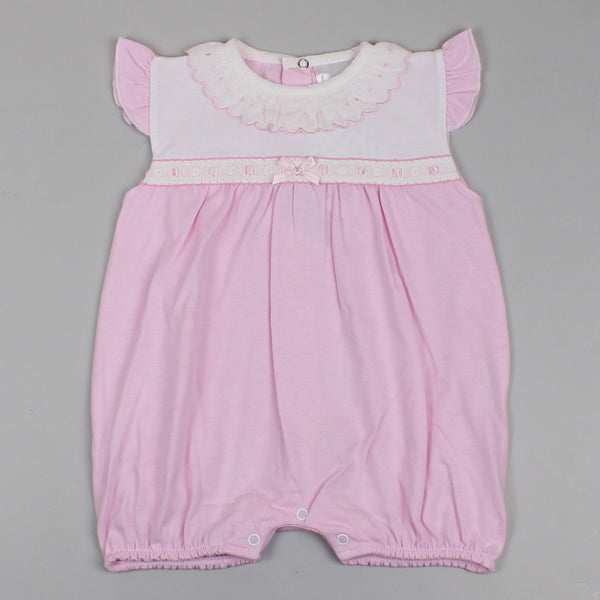 baby girls pink summer outfit in pink with ruffle collar