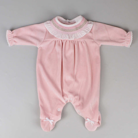 baby girls spanish style pink velour all in one sleepsuit