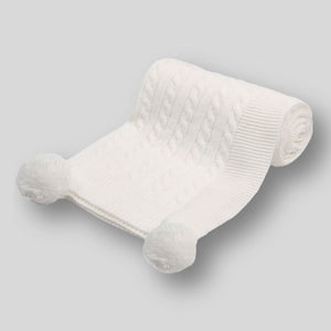 Baby White Blanket Cable Knit Wrap Pom Pom