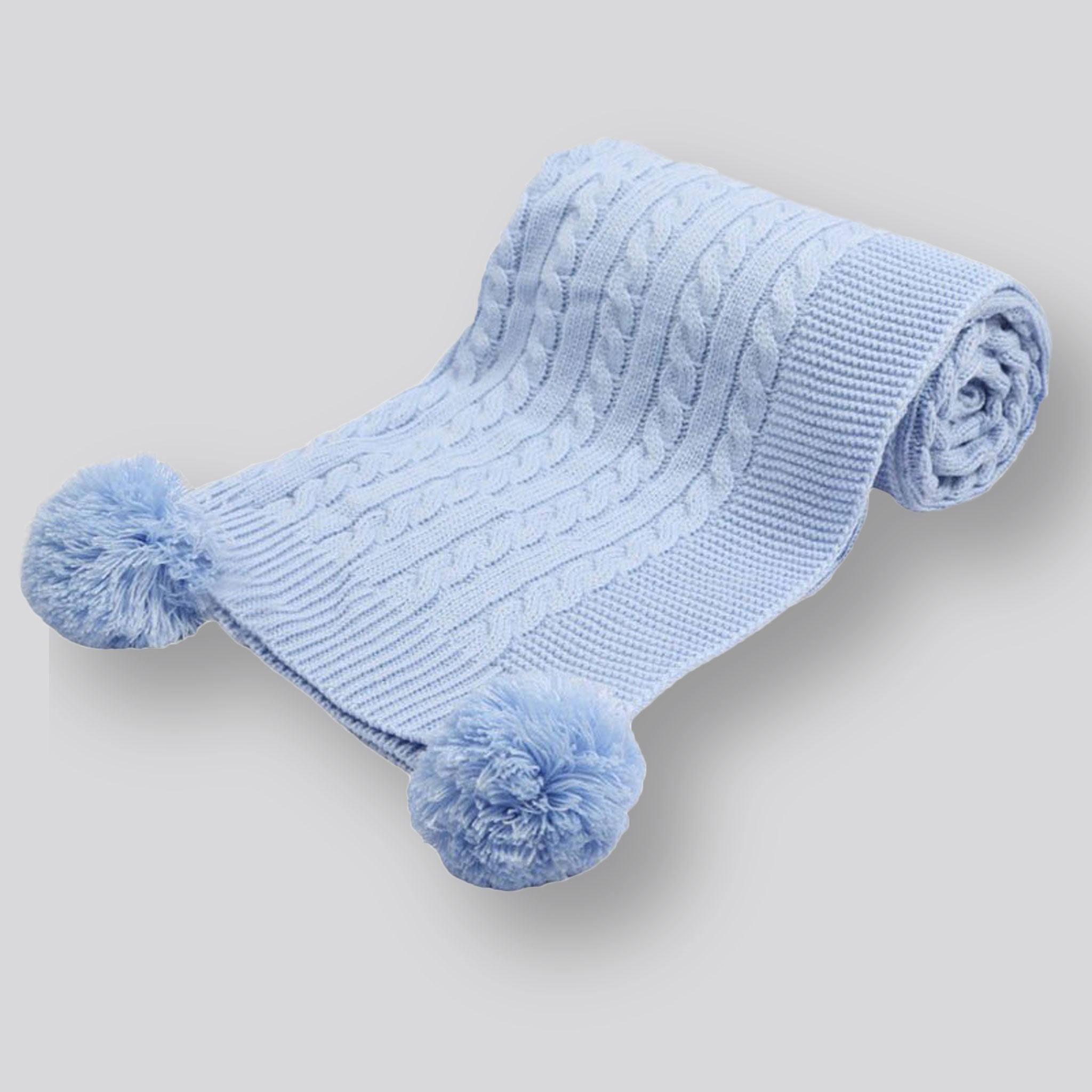 Baby Blue Blanket Cable Knit Wrap Pom Pom