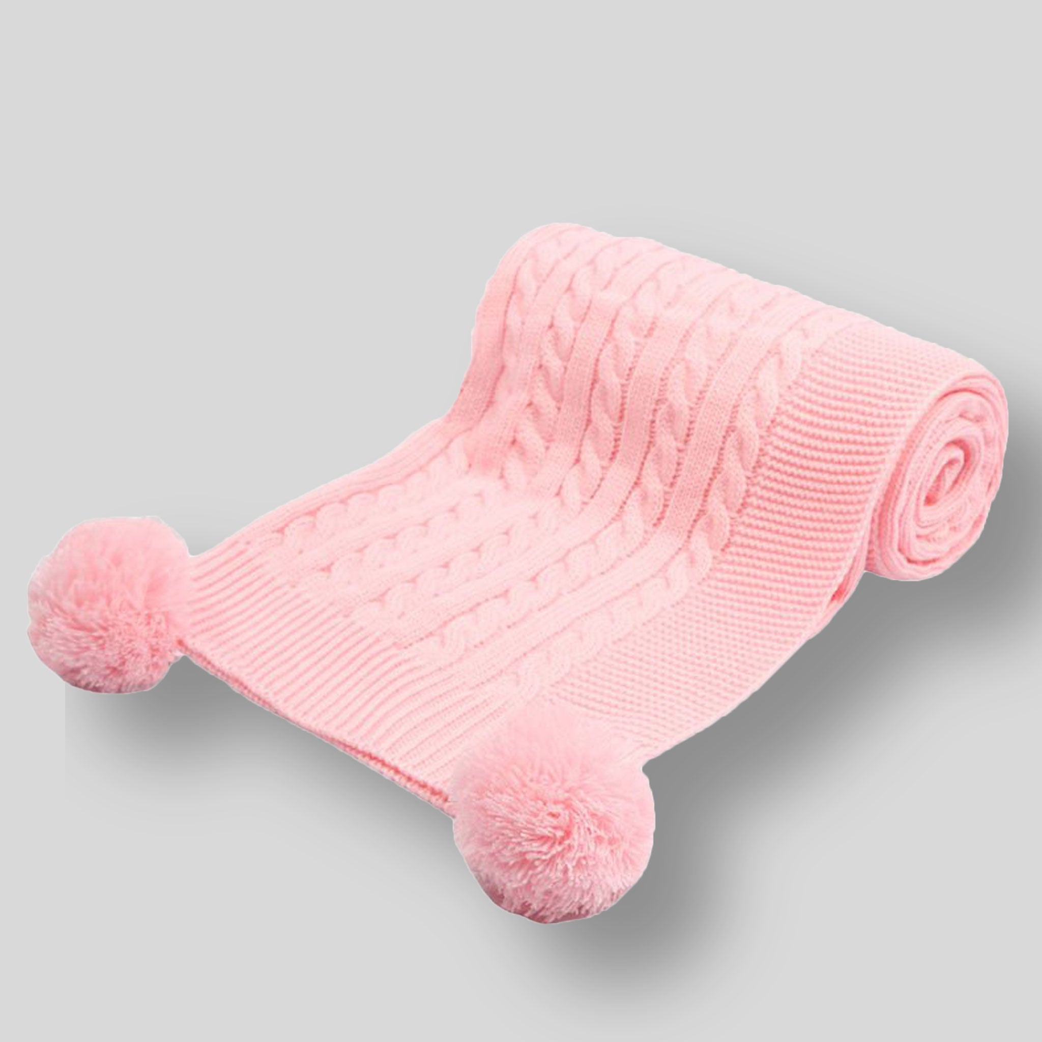 Knitted Blanket with Pom Poms- Pink