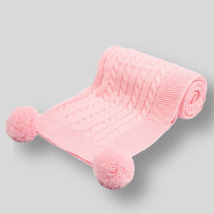 Knitted Blanket with Pom Poms- Pink