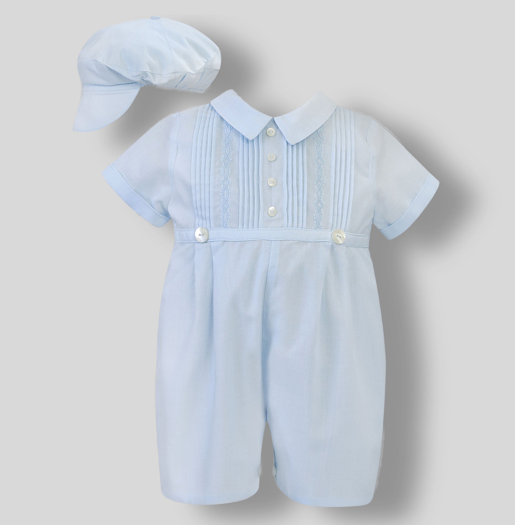 baby boys blue christening romper with matching cap