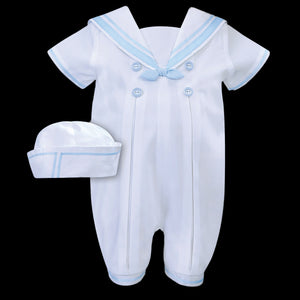baby boys christening sailor romper and hat with blue trim