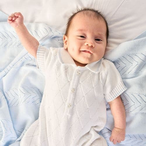 baby boys white and blue knitted outfit