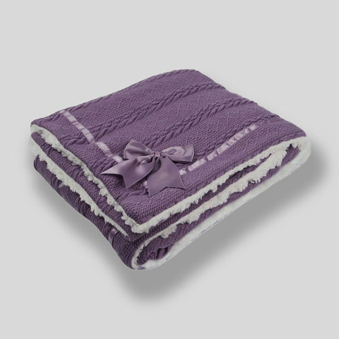 Baby Purple Blanket Chevon Cable Knit Wrap Satin Trim & Bow