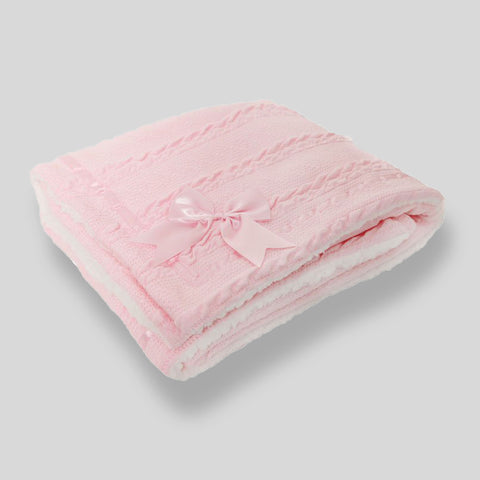 Baby Pink Blanket Chevon Cable Knit Wrap Satin Trim & Bow