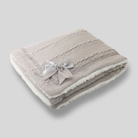 Baby Grey Blanket Chevon Cable Knit Wrap Satin Trim & Bow