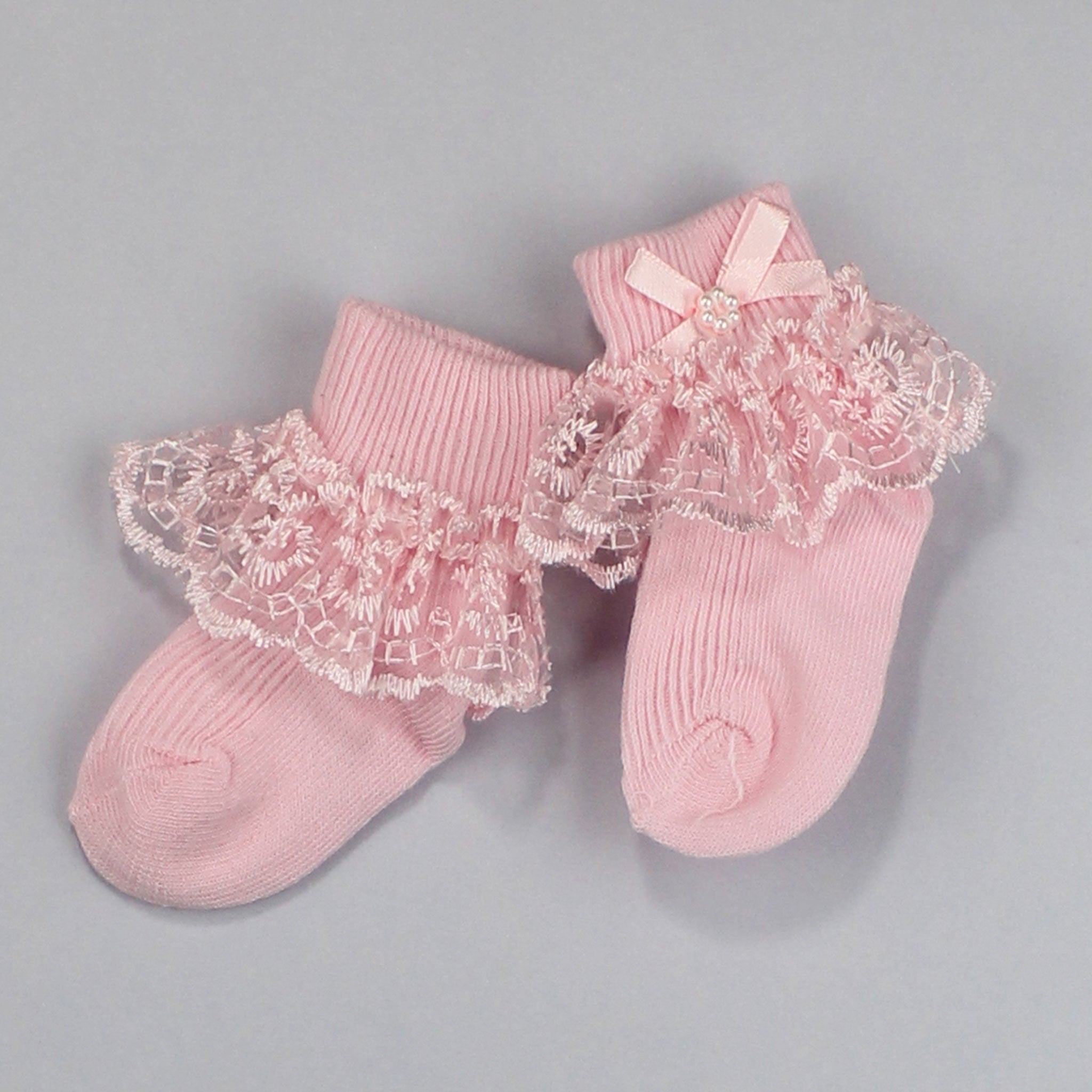 Pink Frilly Socks with Bow, Lace & Pearls for Baby Girls – Lullaby Lane Baby  Shop