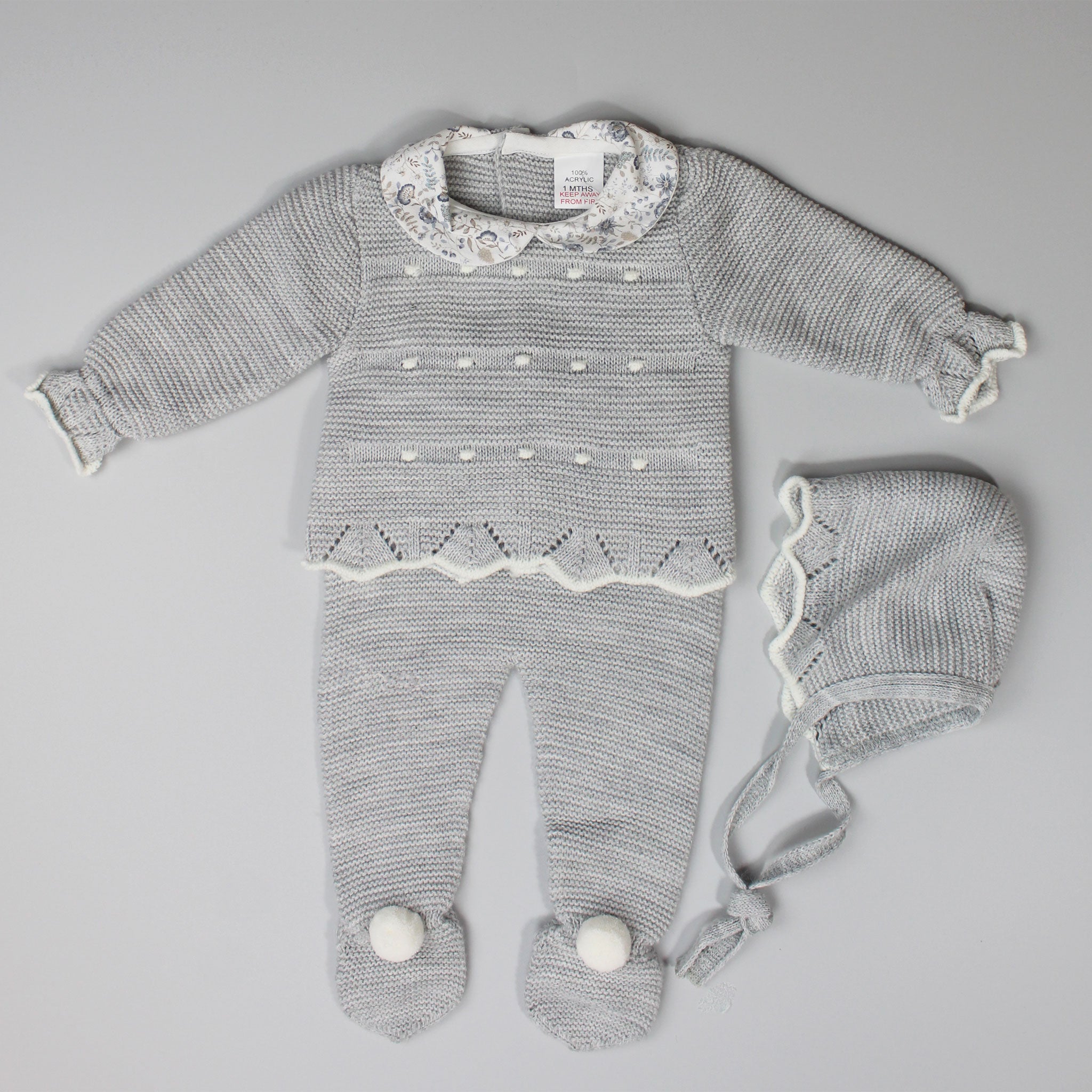 knitted baby clothes grey with bonnet newborn