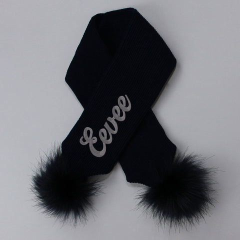 Personalised Navy Blue Baby Scarf with Navy Blue Faux Fur pom poms