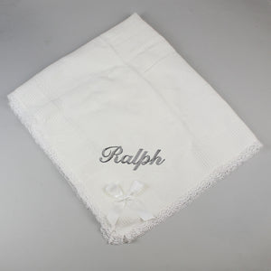 Personalised Baby Shawl with Lace and Bow - White - Pex Darcy