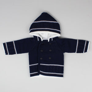 navy and white hooded and buttoned cardigan