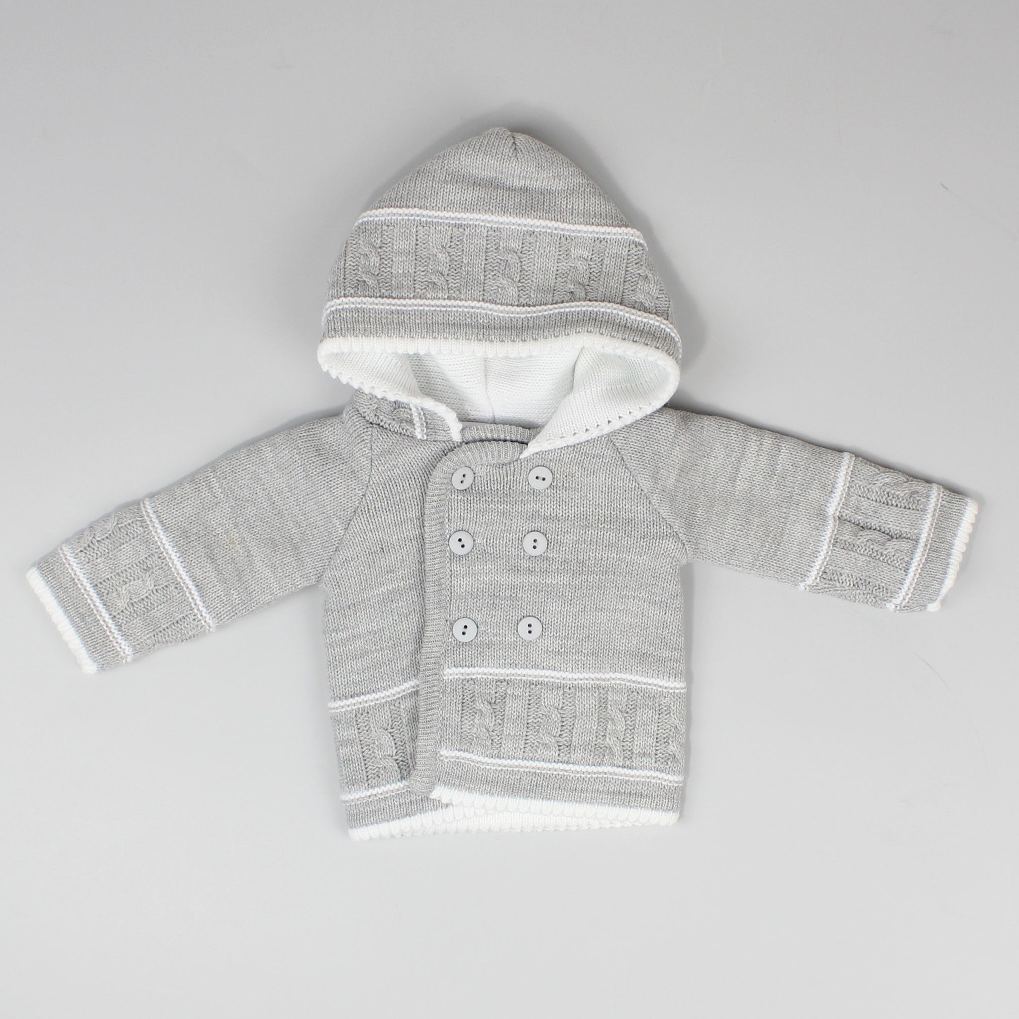 grey and white knitted hooded jacket