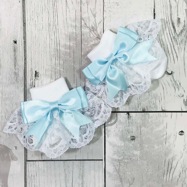 baby girls white ankle socks with blue satin bow
