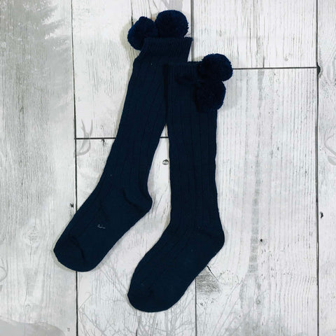 Navy dark blue baby spanish style knee high socks with pom poms