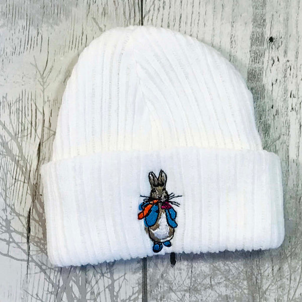 Newborn white Knitted Hat with Rabbit motif