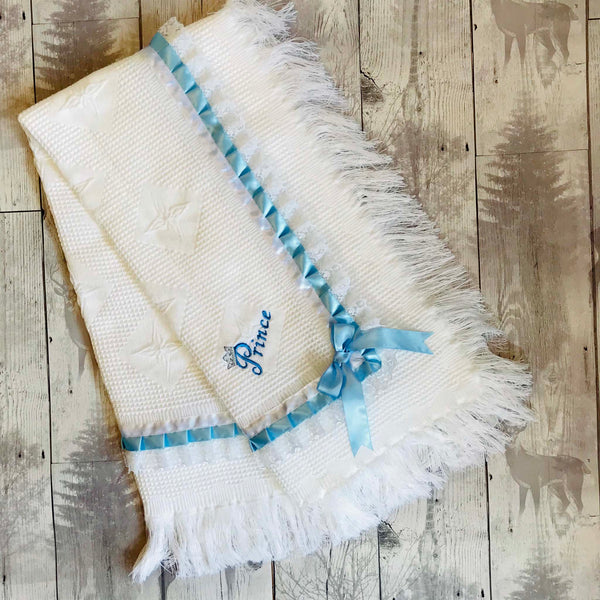 Personalised Shawl - Baby Boy's Prince White Luxury Shawl -Ideal for Christening