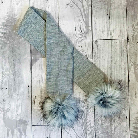 grey baby scarf with pom poms personalised