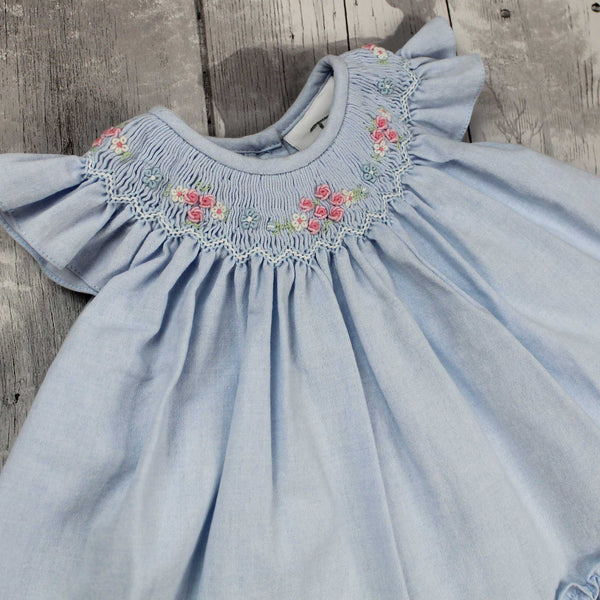 Blue Dress with hand smocking and embroidery- Dani by Sarah Louise D09514