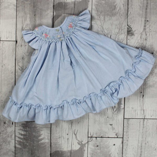 Blue Dress with hand smocking and embroidery- Dani by Sarah Louise D09514
