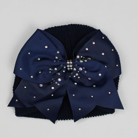 Knitted Turban Hat with Large Diamante Bow -Navy - Newborn to 3 month