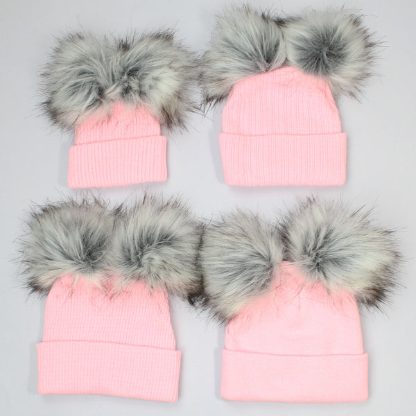 double pom girls pink knitted hat