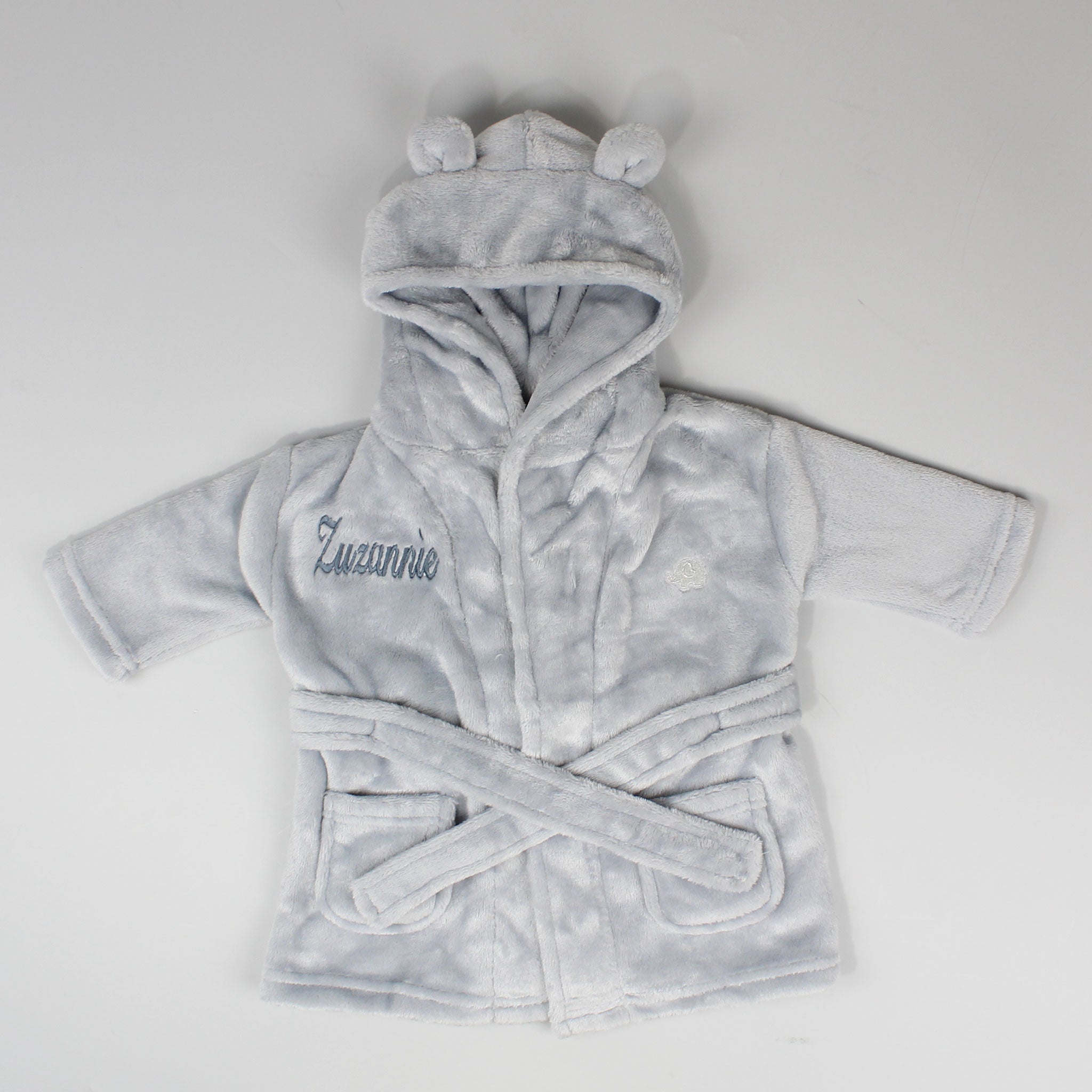 personalised baby dressing gown in grey