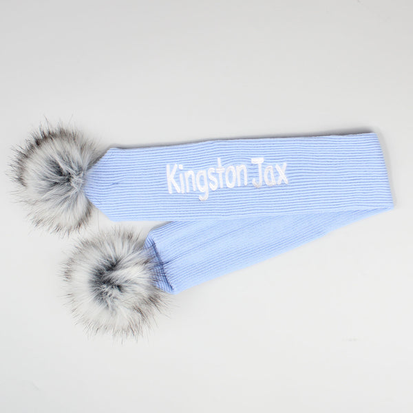 Personalised Baby Scarf Baby Blue with Faux Fur pom poms
