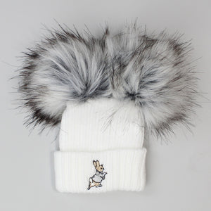 Rabbit White Faux Fur 2 Pom Pom Hat