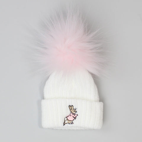 Baby Girls Rabbit Pom Hat - White