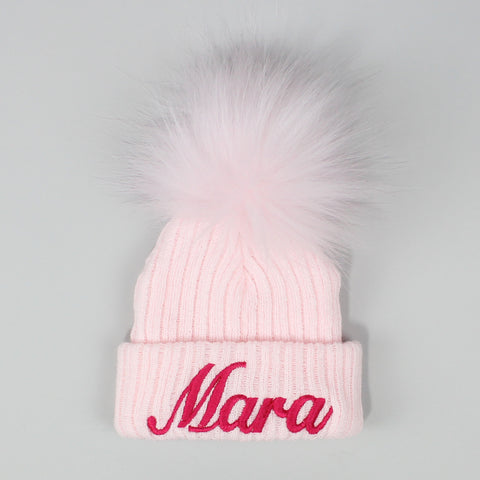 Personalised Baby Hat - Pastel Pink With Pink Fur Pom
