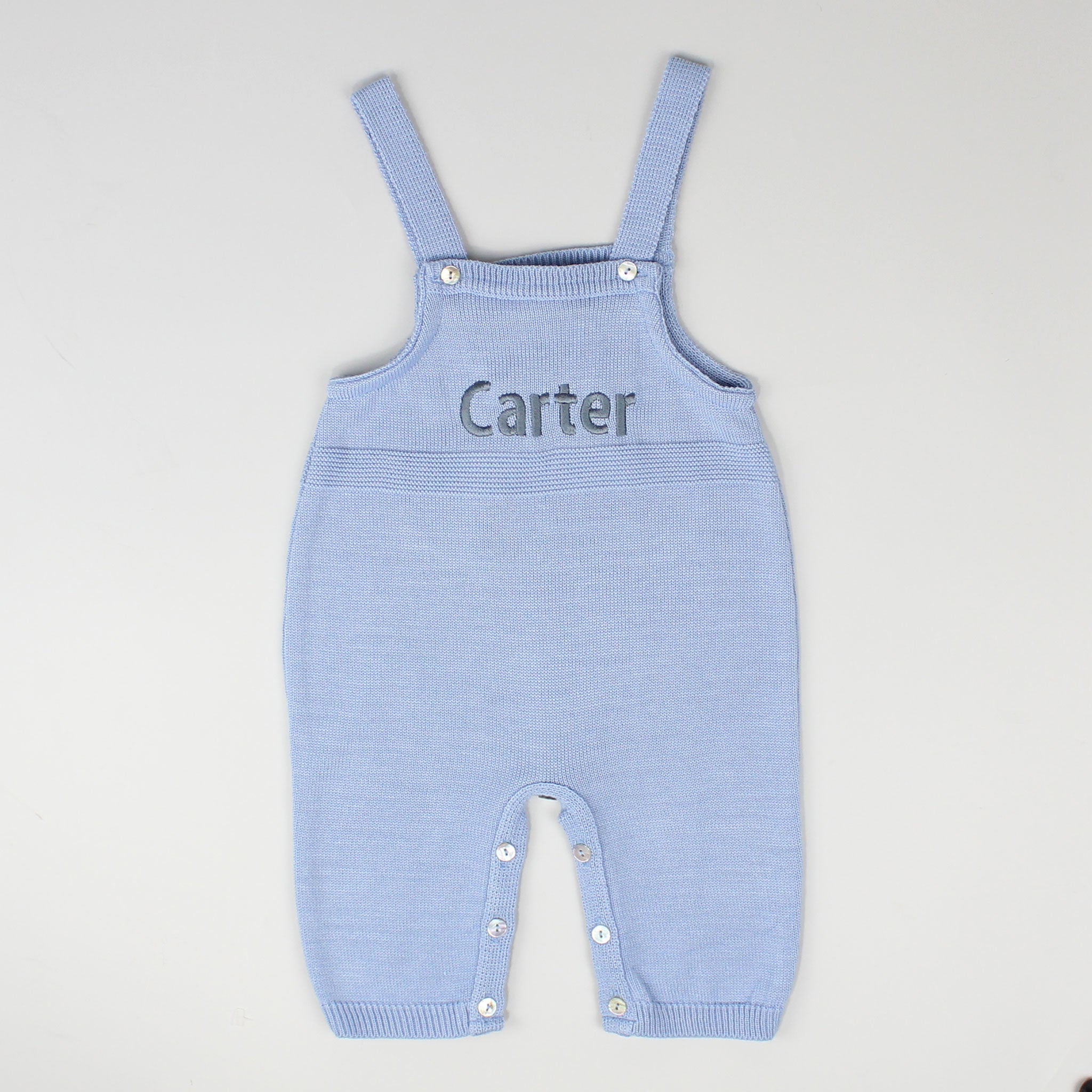 blue knitted personalised dungarees 