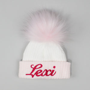 Personalised First Size Baby Girl Pom Hat - Pink White