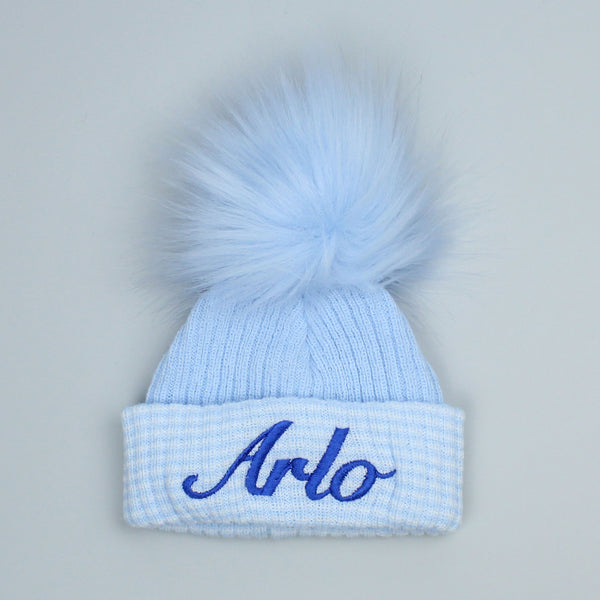 Personalised First Size Newborn Baby Boy Pom Hat - Blue