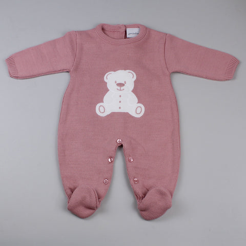 pink knitted all in one white bear outfit