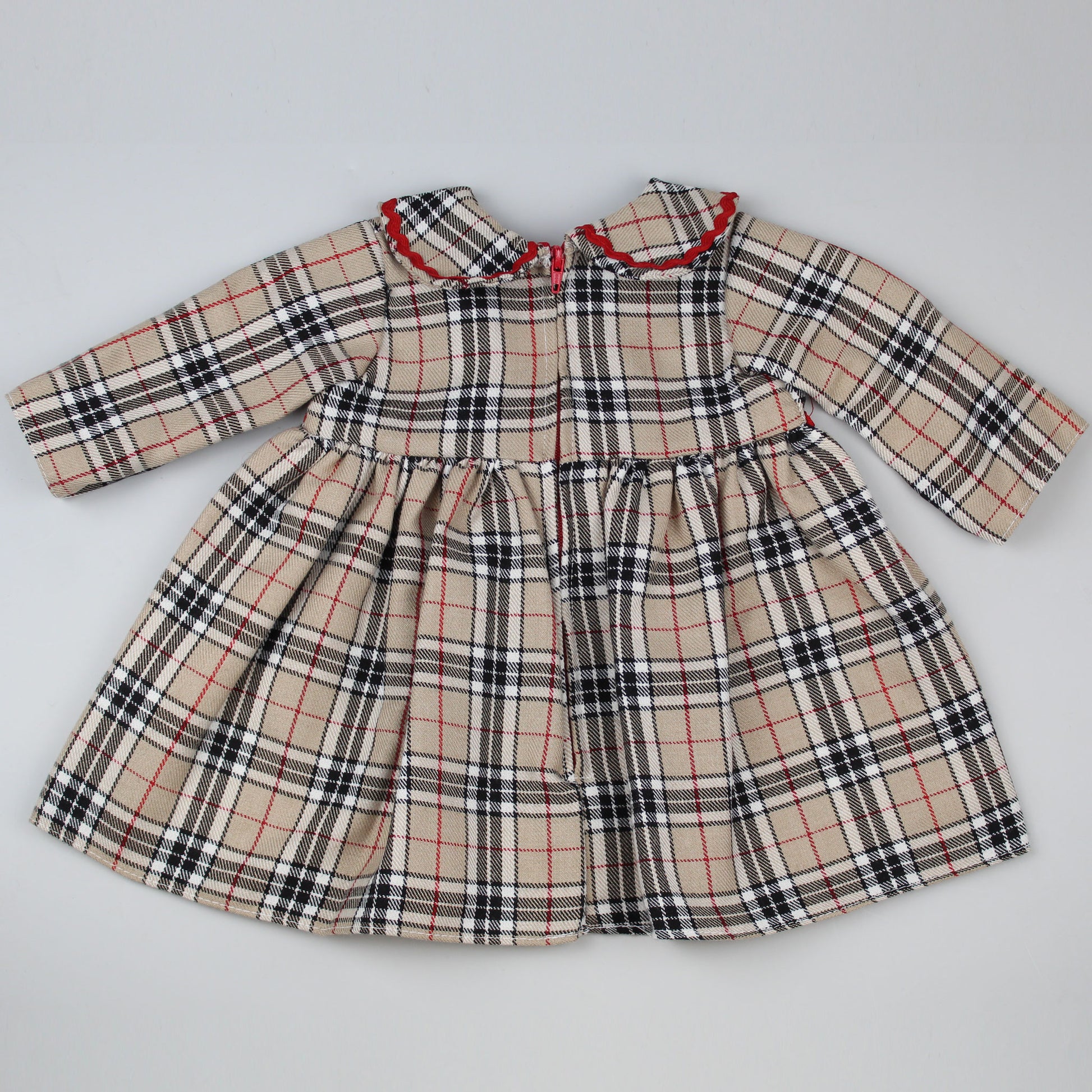 Beige tartan baby dress red bow