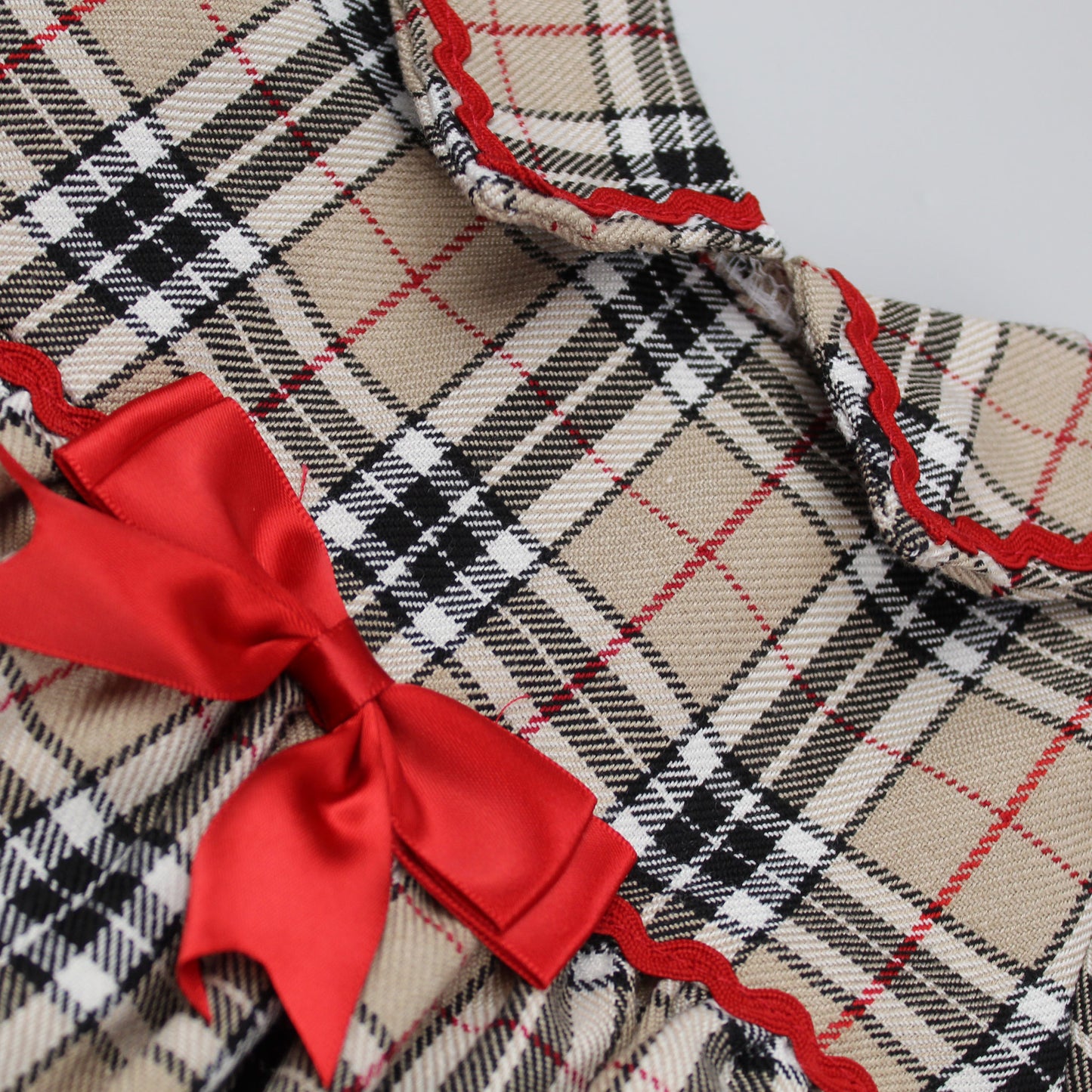 Beige tartan baby dress red bow